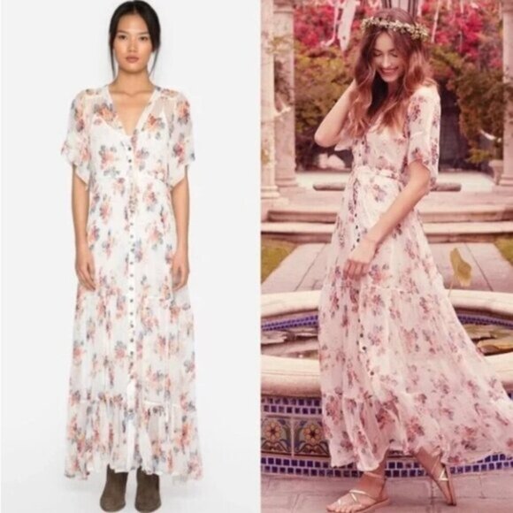 Johnny Was Dresses & Skirts - JOHNNY WAS Darcey 100% Silk Chiffon Maxi Dress L Off White Floral Flowy Feminine